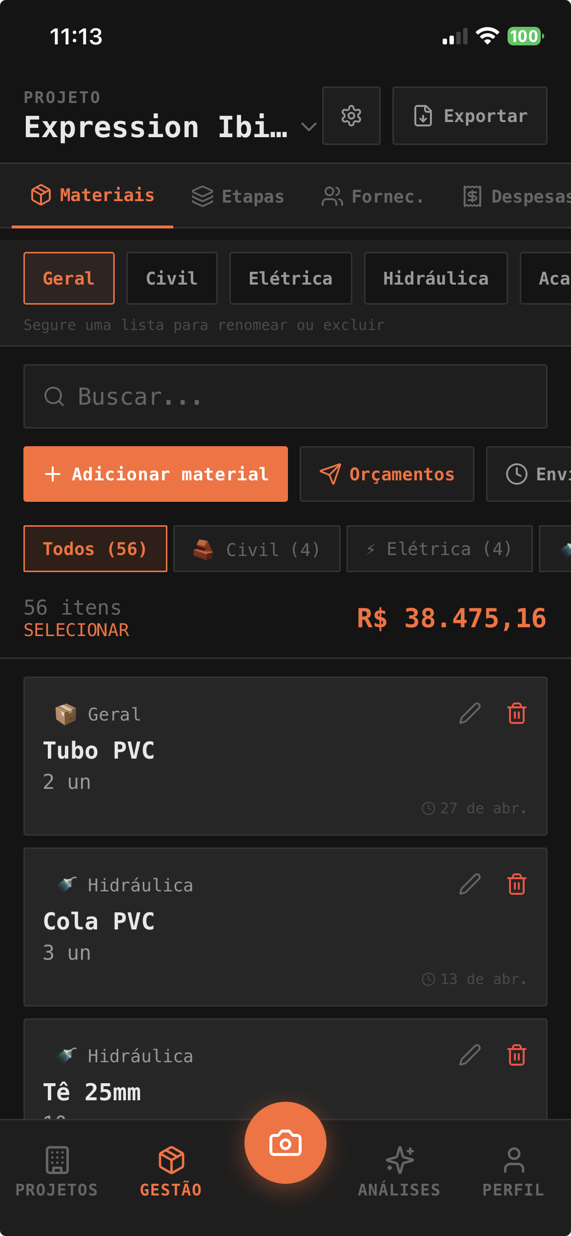 Lista de materiais no app