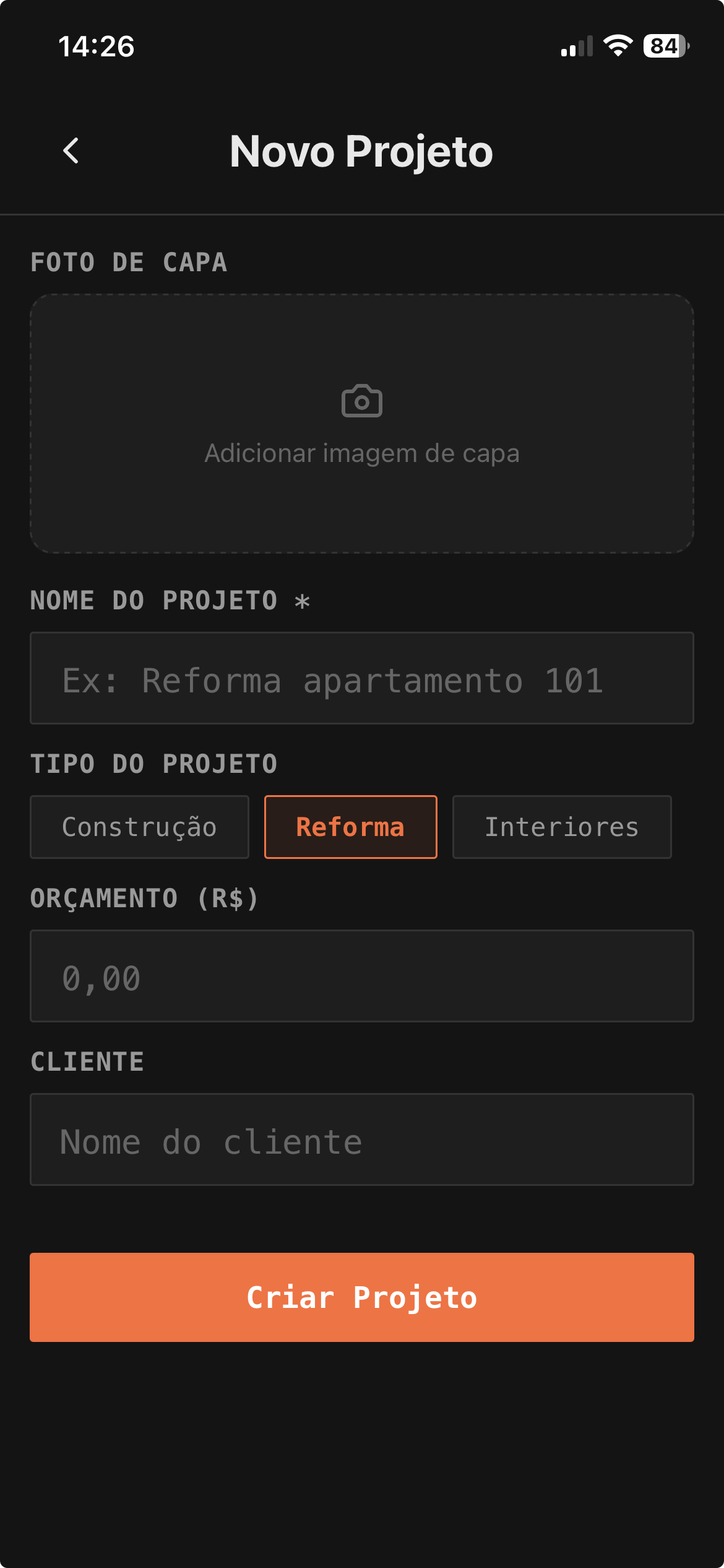 Tela de criação de novo projeto no O Canteiro