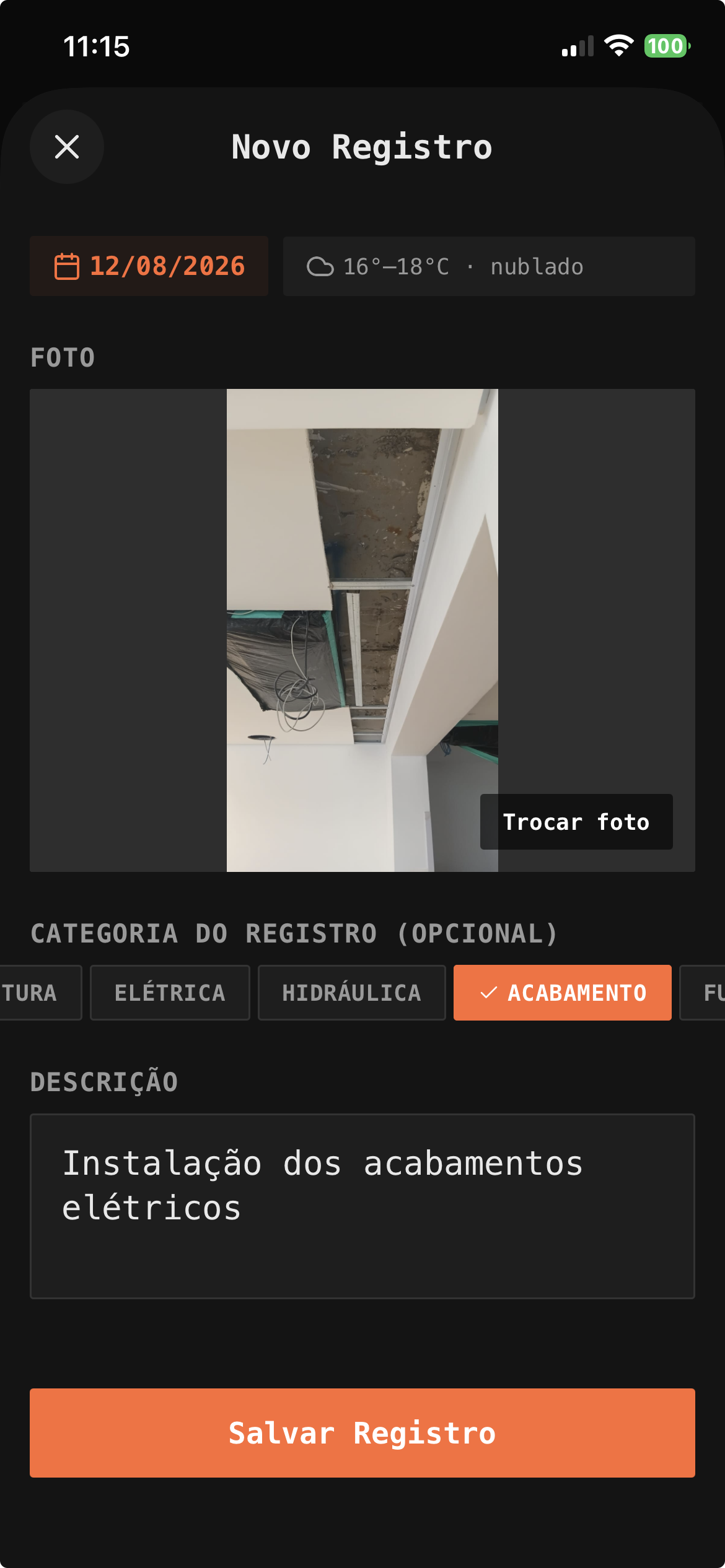 Relatório de obra com fotos e exportação PDF