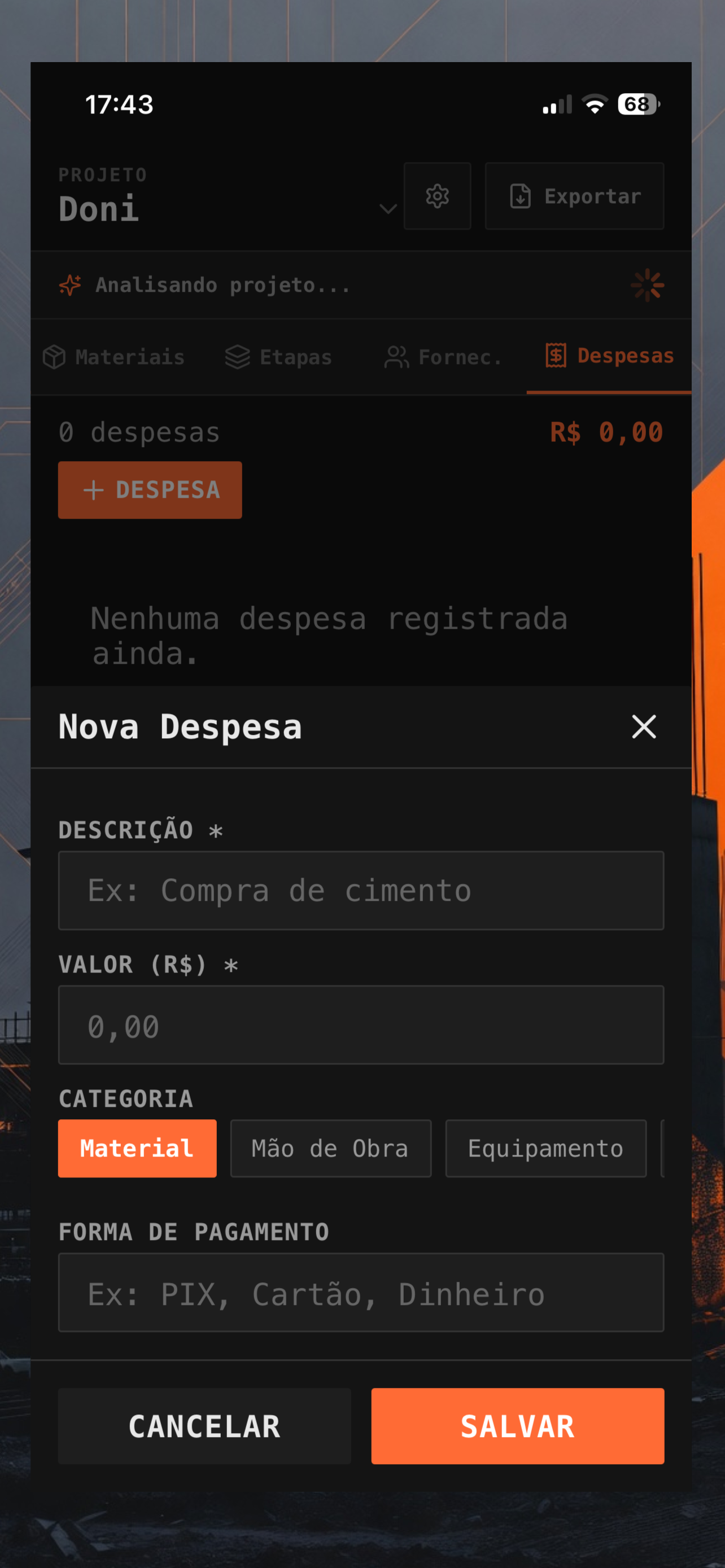 Registro de despesa no app